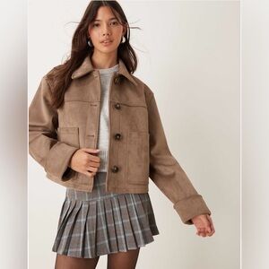 ASOS Top Collar Premium Faux Suede Jacket in Beige